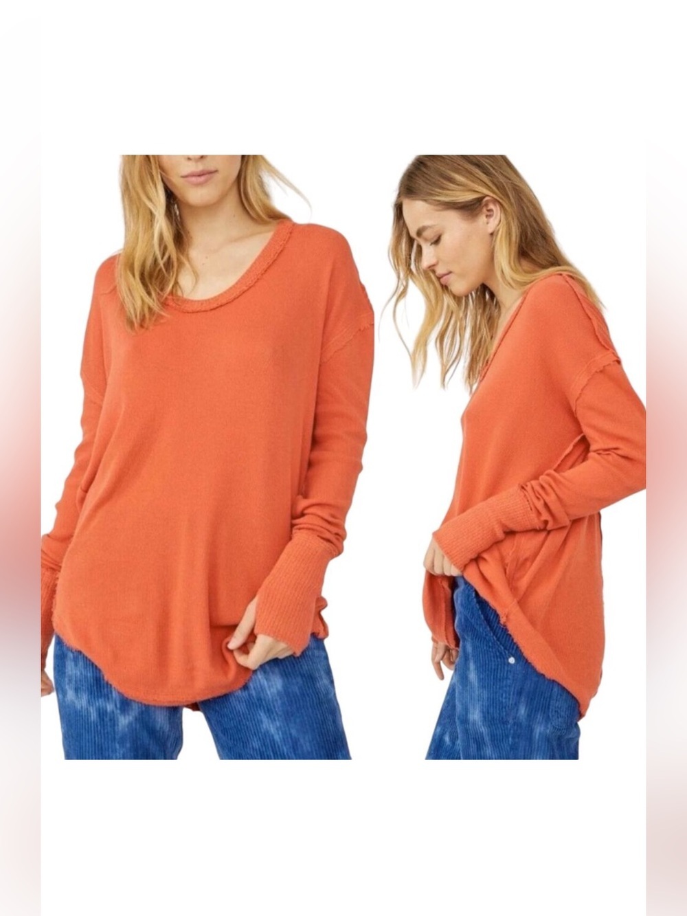 We The Free Coral Peach Thermal Top Thumb Holes Drop Shoulder Relaxed Slouchy S